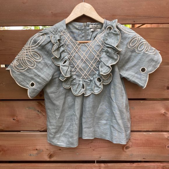 Innika Choo Linen Green Ruffle Embroidered Crew Neck Short Sleeve Crop Top - Picture 3 of 5